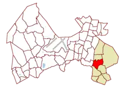 Location on the map of Vantaa, with the district in red and the major region in light brown