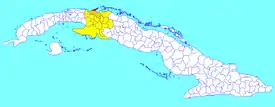 The former Varadero municipality (red) within  Matanzas Province (yellow) and Cuba.  The rest of Cárdenas municipality is shown in orange