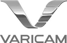 Logo for Varicam, accompanied by "VARICAM" text below logo. The logo is a stylized capital "V", colored sliver.