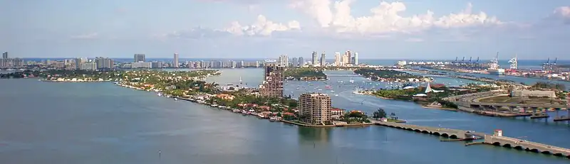 View of the Venetian Causeway and islands with South Beach in the background, as seen from the 1800 Club in Downtown Miami