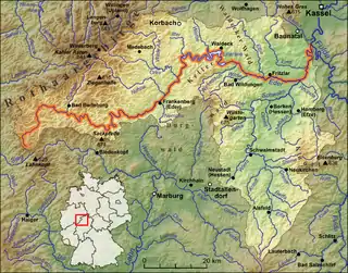 The course of the Eder. Battenberg (not on the map) is located approximately in the middle between Frankenberg (Eder) and the Sackpfeife mountain. The Eder flows into the Fulda near Edermünde-Grifte (de:Grifte).  Kassel is visible in the northeast, on the Fulda, and Marburg in the south, on the Lahn.