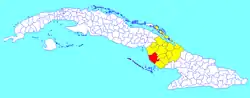 Vertientes municipality (red) within  Camagüey Province (yellow) and Cuba