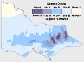 Average July maximum temperatures:Victoria's hills and ranges are coolest during winter. Snow also falls there.