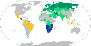 A map showing all the countries of the world, and their signatory status to the Vienna Convention on Road Signs and Signals