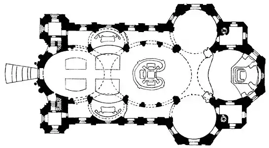 Plan of the Late Baroque Basilica of the Fourteen Holy Helpers by Balthasar Neumann, constructed between 1743 and 1772.  The altar is in an oval in the center.