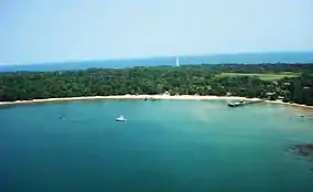 Forested shoreline, with docks and a boat