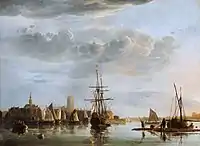 East Indiaman and hoys off Dordrecht, Aelbert Cuyp, (17th century)