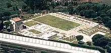 View of the archaeological site of Villa dei Volusii with the adjacent A1 highway