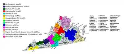 Map of the 15 core-based statistical areas in Virginia.