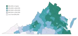 Map of Virginia counties colored by median household income, with ranging from gray, to blue, to darker green.