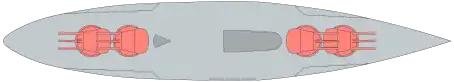 A diagram showing the location of the main guns on a Tegetthoff-class battleship. There are 12 guns in total divided into four turrets, with two apiece located near the bow and stern of the ship.