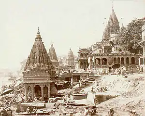 Vishnu Pud and Other Temples near the Burning Gat, Benares. Acquired by King Edward VII when Prince of Wales, 1865. The ghats are apparently under construction.