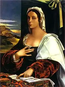 Giovanna d'Aragona y Cardona(1502 - divorced 1550 - 11 September 1575), a daughter of Fernando de Aragón y Guardato, 1st Duke of Montalto was sister in law of famous artistic and literary woman Vittoria Colonna, (1490 - 1547), here depicted,  through her marriage to her brother Ascanio I Colonna, Duke dei Marsi, (1500 - 1557). Painting by Sebastiano del Piombo, (1485 - June 1547)