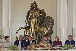 Leaders of the government assembled in the government hall of the Presidential Palace in 2001. In the background is the sculpture Lex by Runeberg.