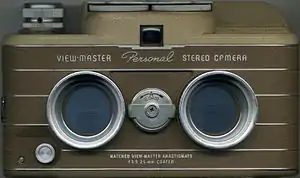 A view master camera from the front, showing the twin lenses and brown color of the body. The viewfinder is visible above the lenses, and a small dial to select between "A" and "B" settings is visible between the lenses.