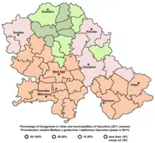 Percentage of Hungarians in municipalities of Vojvodina (2011 census)