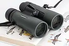 Roof prism binoculars, with the eyepiece in line with the objective