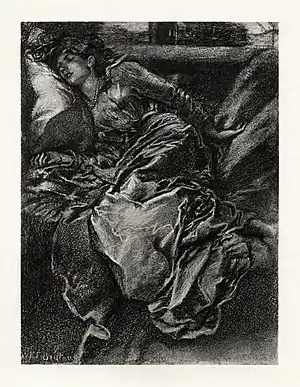 Image 11The Sleeping BeautyIllustration: W. E. F. Britten; restoration: Adam Cuerden"The Sleeping Beauty" is a poem written by Alfred, Lord Tennyson, and published in 1830; it was later expanded and published in 1842 as "The Day-Dream". Based on the fairy tale Sleeping Beauty, the poem (as with many of Tennyson's adaptations of existing literary works) focuses on a single aspect of the story, the appearance of the eponymous character as she sleeps.This illustration by W. E. F. Britten was published in 1901 to accompany a reprinting of "The Sleeping Beauty". It accompanies the poem's final lines: "She sleeps, nor dreams, but ever dwells / A perfect form in perfect rest."More selected pictures