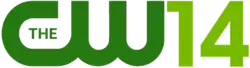 In a dark green, the logo for The CW sits next to a lighter neon green "14" of the same size.