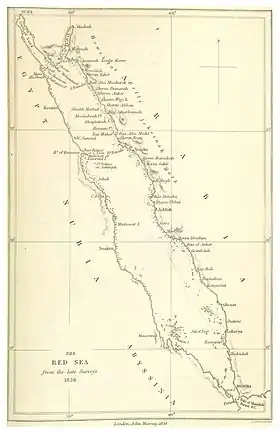 1838 map of the Red Sea region; the Howeitat are marked with a red arrow in the north section, to the east of the Gulf of Aqaba.