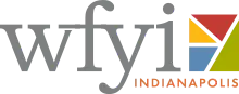 The lowercase letters "wfyi" in a gray serif next to four triangles, in blue, red, yellow, and green, that form a square. The word "Indianapolis" is in all uppercase in red in the lower right corner.