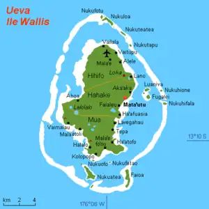 Map of Wallis Island showing the 3 districts:Hihifo is located in the north