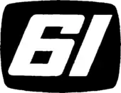 An italicized white 61 in a squared-off style inside a rounded black rectangle frame designed to imitate a television screen