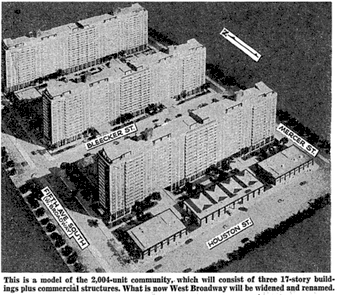 Illustration of the original WSV plan. Notice the third building in the block between Bleecker and Houston Streets, which was never built.