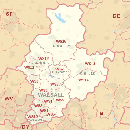 WS postcode area map, showing postcode districts, post towns and neighbouring postcode areas.