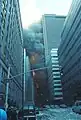 WTC 7 on fire during the September 11th attacks.