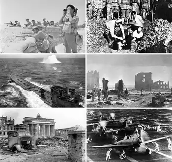 Clockwise from top left: Commonwealth troops in the desert; Chinese civilians being buried alive by Japanese soldiers; Soviet forces during a winter offensive; Carrier-borne Japanese planes readying for take off; Soviet troops fighting in Berlin; A German submarine under attack.