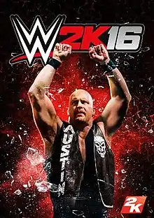 A picture of Steve Austin is seen, appearing to smash the screen. Glass shards are flying around the background. The logo appears above.