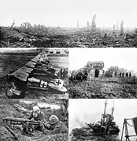 (Clockwise from the top) 
 The aftermath of shelling during the Battle of the Somme
 Mark V tanks cross the Hindenburg Line
 HMS Irresistible sinks after hitting a mine in the Dardanelles
 A British Vickers machine gun crew wears gas masks during the Battle of the Somme
 Albatros D.III fighters of Jagdstaffel 11