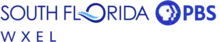 Top line: The words "SOUTH FLORIDA", all caps, in a geometric sans serif in blue. The O in Florida is larger, bolder, and has a graphic element suggesting a wave. To the right, the PBS logo in blue. Beneath, off to the left, the letters W X E L.