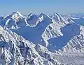 Aerial view from northwest. Left to right: Mt. Wake, Mt. Johnson, Mt. Grosvenor, and Mt. Church