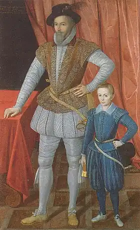 Sir Walter Raleigh in paned trunk hose and cannions, and his son in loose slops, 1602