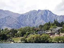 Wānaka east, with mountains in the background.