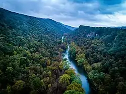 Aerial view of the Juniata River as it passes through a water gap of the Tussey Mountain ridge at Water Street.