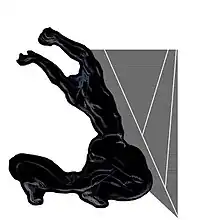 A graphic of a man crouching on the floor and raising his fists above his head