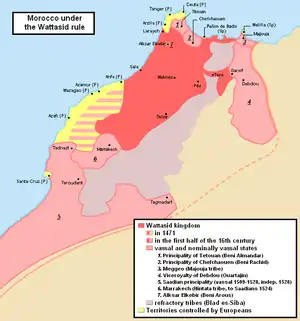 Image 27Map of the Wattasid sultanate (dark red) and its vassal states (light red) (from History of Morocco)