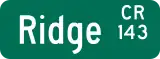 Green rectangle with Ridge, CR, and 143 in white. Ridge is at left while CR and 143 are grouped together at right.