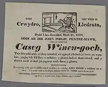 Welsh-language poster, 1818, using a bold italic inline "fat face" type.