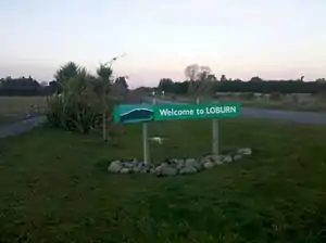 Welcome sign in Loburn, New Zealand.