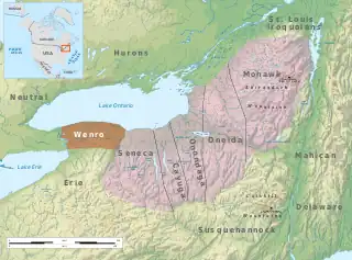 Color map of New York with Wenro territory highlighted from the mouth of Buffalo Creek east to the Genesee River