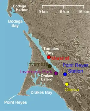 Towns of rural western Marin County. Inverness Park is in violet.