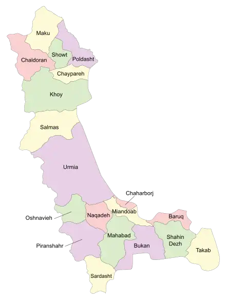 Location of Chaharborj County in West Azerbaijan province (center right, pink)