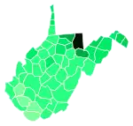 Support for Moran by county:  >10%  4–5%  3–4%  2–3%  1–2%  <1%