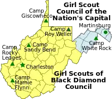 Map of West Virginia with counties showing the different Girl Scout Councils