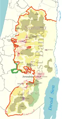 Image 32The Israeli West Bank barrier route built (red), under construction (pink) and proposed (white),  (from History of Israel)