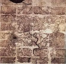 Image 40An early Western Han dynasty (202 BC  – 9 AD) silk map found in tomb 3 of Mawangdui Han tombs site, depicting the Kingdom of Changsha and Kingdom of Nanyue in southern China (note: the south direction is oriented at the top, north at the bottom). (from History of cartography)